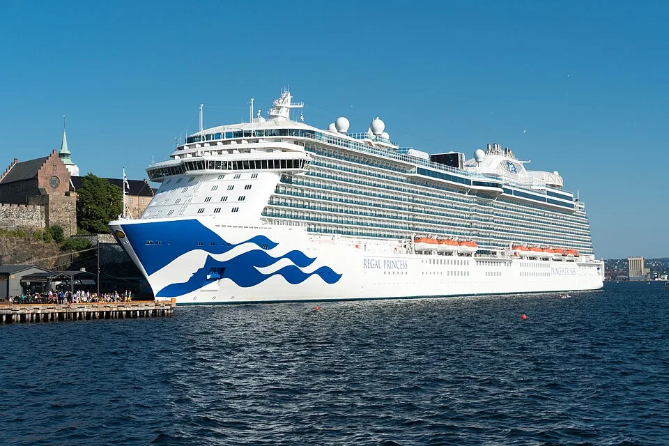 The massive Regal Princess cruise ship sits in deep blue water next to a stone castle and a wooden pier. The white and blue vessel features the Princess Cruises logo on its bow, multiple tiers of cabin balconies, and orange lifeboats along its side under a clear blue sky.
