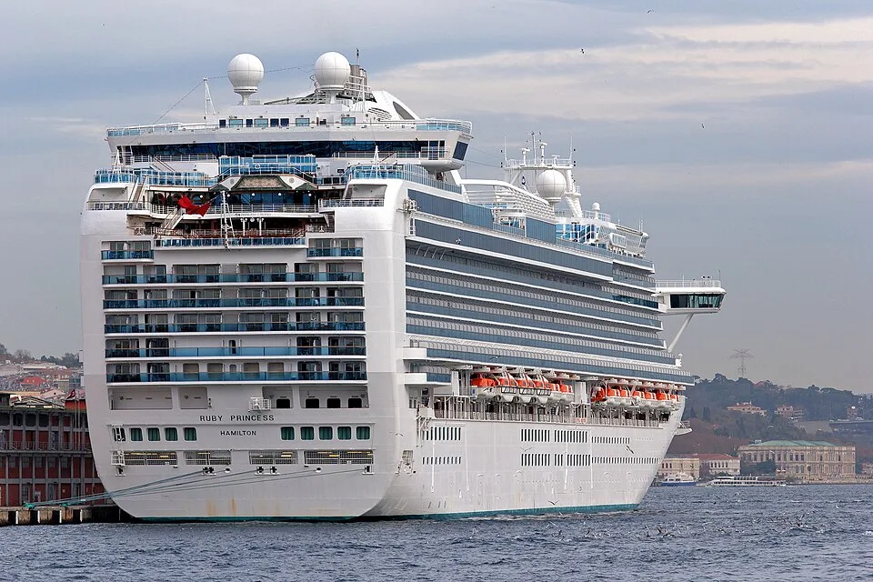 The Ruby Princess cruise ship is docked by a city pier. Seen from behind, the massive white vessel displays its tiered stern decks with blue glass balconies, a row of orange lifeboats along the side, and its name, "RUBY PRINCESS HAMILTON," printed on the hull.
