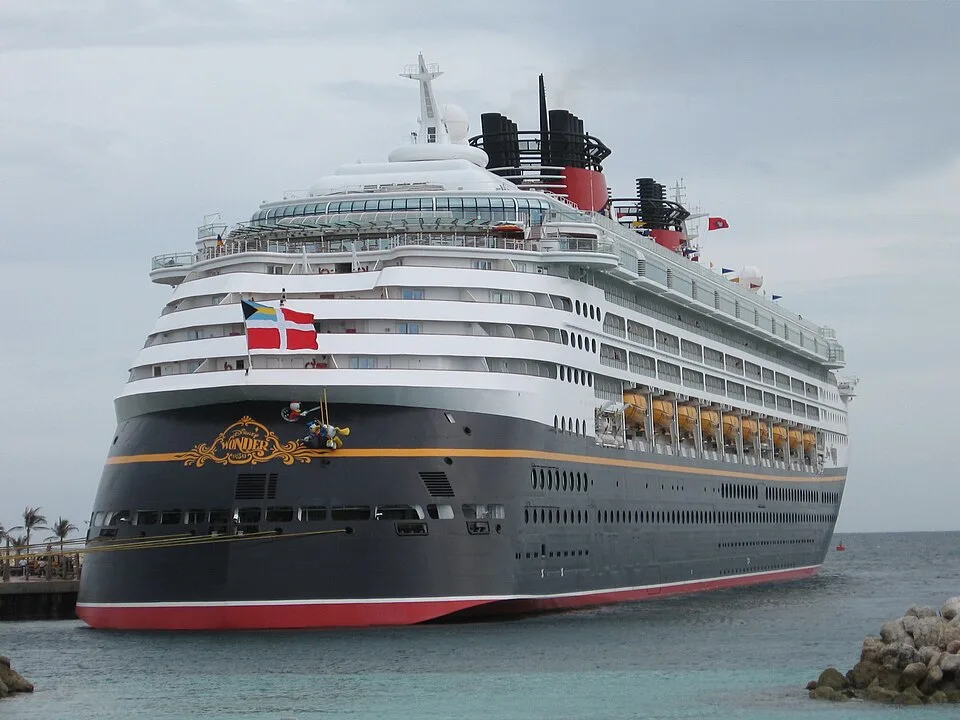 The rear view of the Disney Wonder cruise ship docked in calm turquoise water. The vessel features a black hull with a red bottom stripe, gold scrollwork with Donald Duck characters on the stern, yellow lifeboats, and its signature red and black funnels under a cloudy sky.