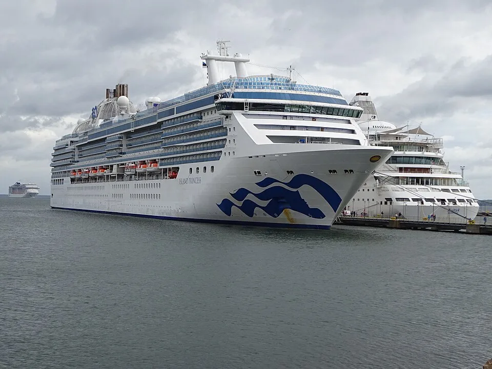 The massive Island Princess cruise ship is docked at a pier next to another large white vessel under a cloudy sky. The ship features blue abstract waves on its bow, multiple tiers of cabin balconies, orange lifeboats along the side, and a distant ship visible on the water.