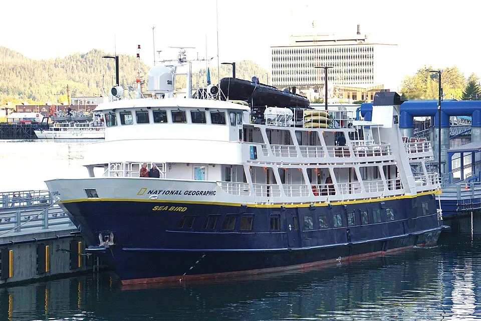 The National Geographic Sea Bird ship is docked at a city pier. The vessel has a dark blue lower hull, a yellow accent line, and white multi-level decks with open walkways. The background features city buildings, docks, and forested hills.