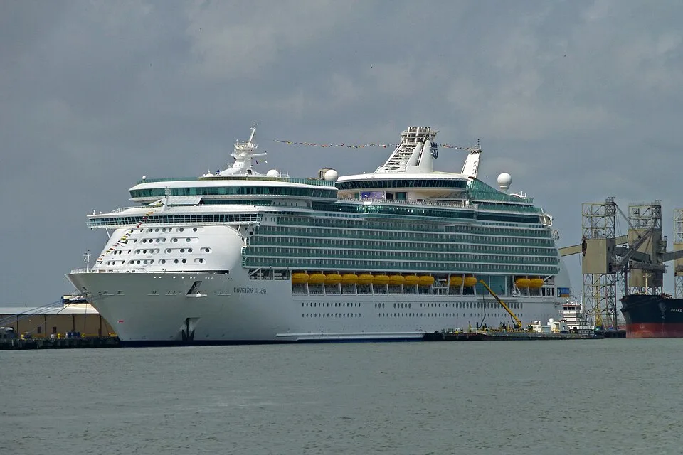 The massive Royal Caribbean cruise ship Navigator of the Seas is docked at an industrial port terminal under an overcast sky. The white vessel features green-tinted windows, a row of yellow lifeboats along its side, and a large cargo crane standing on the right.