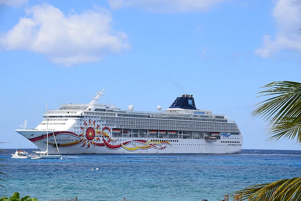 The large cruise ship Norwegian Sun floats on bright blue water under a sunny sky. The white vessel features vibrant hull art with a large sun and colorful swirling ribbons. A small sailboat and palm fronds frame the scene.