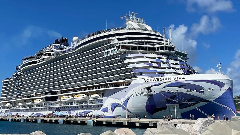 The massive cruise ship Norwegian Viva is docked at a concrete pier under a bright blue sky. The vessel features abstract purple and blue artwork on its bow, many tiers of passenger balconies, orange lifeboats, and several waterslides winding down from its top decks.