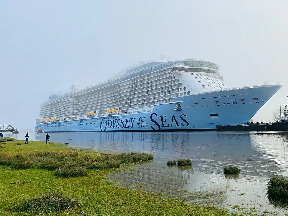 A massive Royal Caribbean cruise ship, named "Odyssey of the Seas," navigating a narrow river or canal on a foggy day. Two people stand on a grassy shoreline in the foreground, watching the enormous multi-level white and blue ship pass by.
