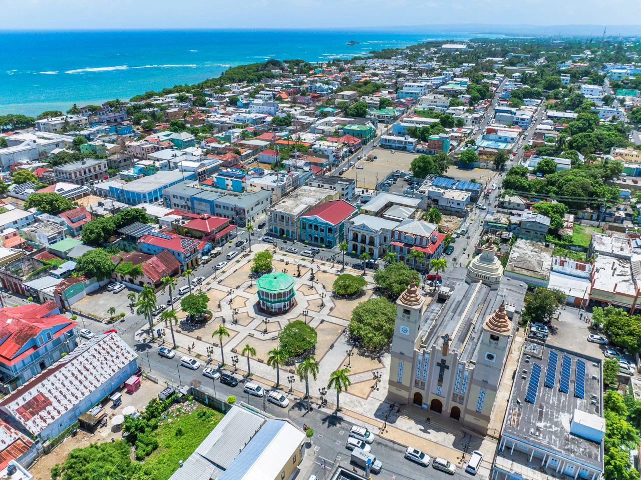 Aerial view of Puerto Plata's vibrant cityscape showcasing historic architecture and coastal beauty.