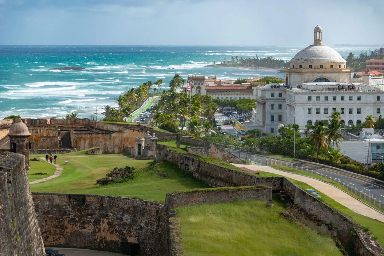 Capture of Castillo San Felipe del Morro in San Juan, Puerto Rico, with ocean and Capitol in view.