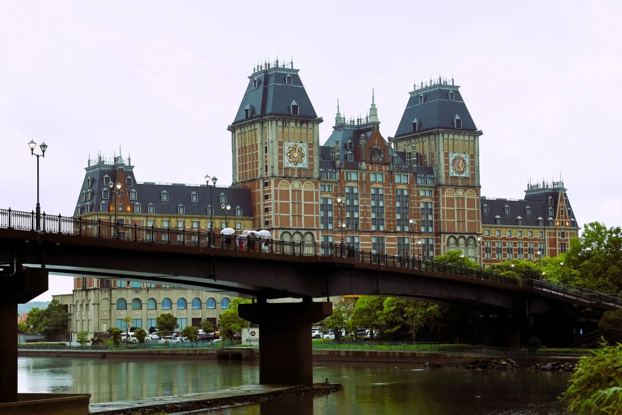 European-style castle and bridge in Sasebo, Nagasaki, Japan, showcasing unique architecture.
