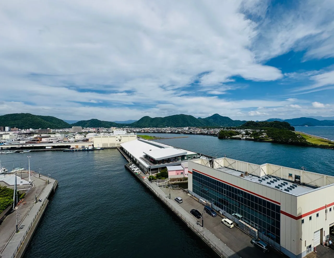 Aerial view of Shimizu Port's waterfront buildings and distant mountains under a cloudy sky.
