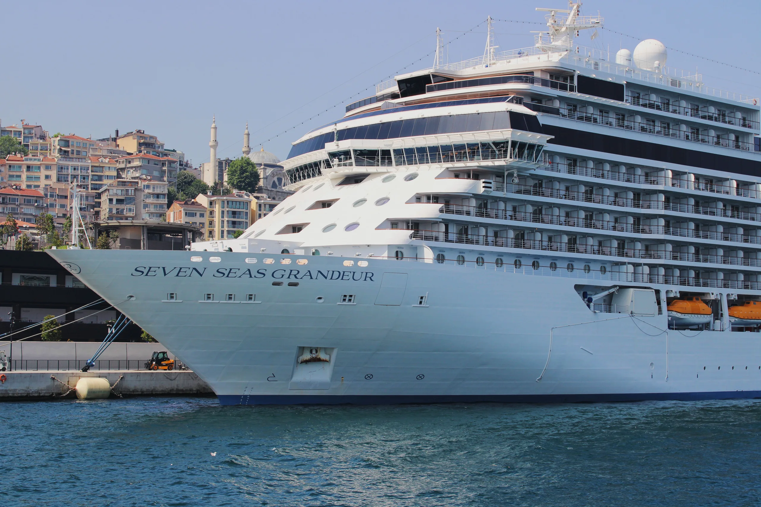 A majestic cruise ship moored in the scenic harbor of Istanbul with cityscape in the background.