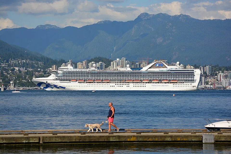 A large Princess Cruises ship sails on blue water past a city skyline backed by massive green mountains. In the foreground, a man in pink shorts walks his dog along a wooden boardwalk under a partly cloudy sky.