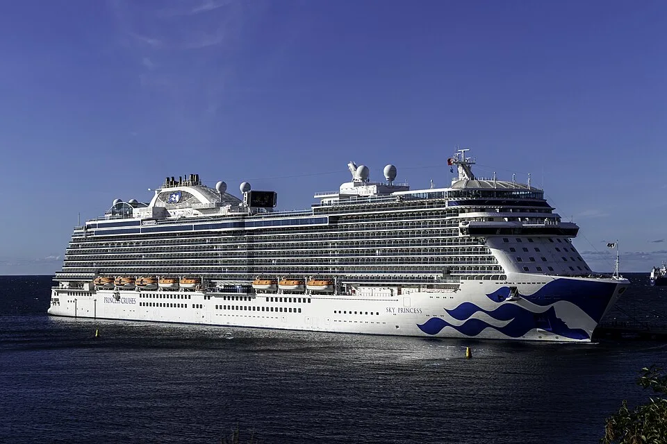 The Sky Princess cruise ship sails on dark blue water under a clear sky. The large white vessel features rows of balconies, orange lifeboats, and a distinct blue flowing ribbon and female profile design on its bow.